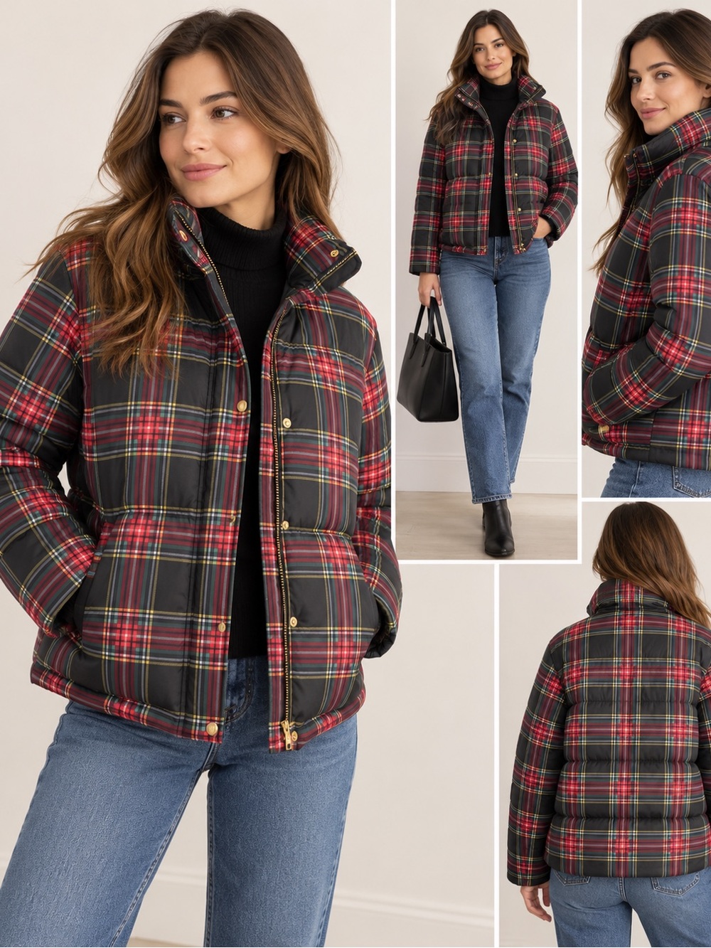 J.Crew Tartan Plaid Puffer Jacket Size S Black Red Gold Snap Zip